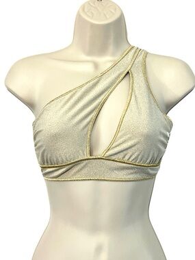 BECCA Asymmetric One Shoulder Bikini Top, Metallic Gold, Size Medium